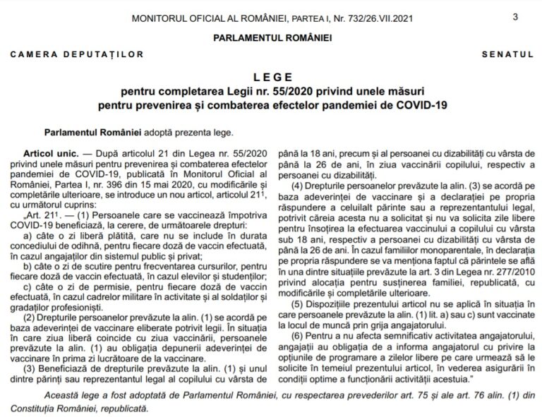 MO: Persoanele care se vaccinează împotriva COVID-19 beneficiază de zi liberă