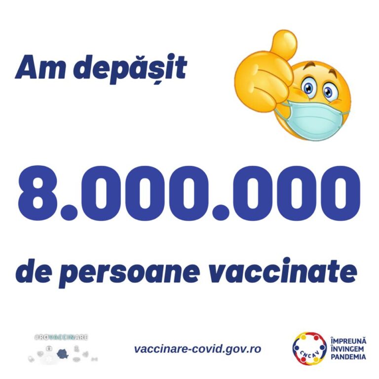 CNCAV: A fost depășit pragul de opt milioane de români vaccinați anti-COVID cu cel puțin o doză