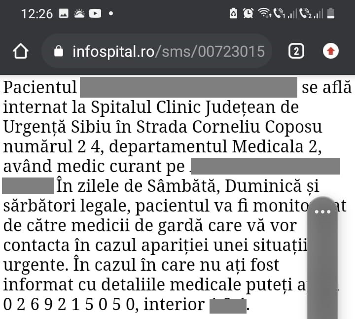 SCJU Sibiu: Rudele vor fi informate rapid și eficient cu privire la pacienții internați