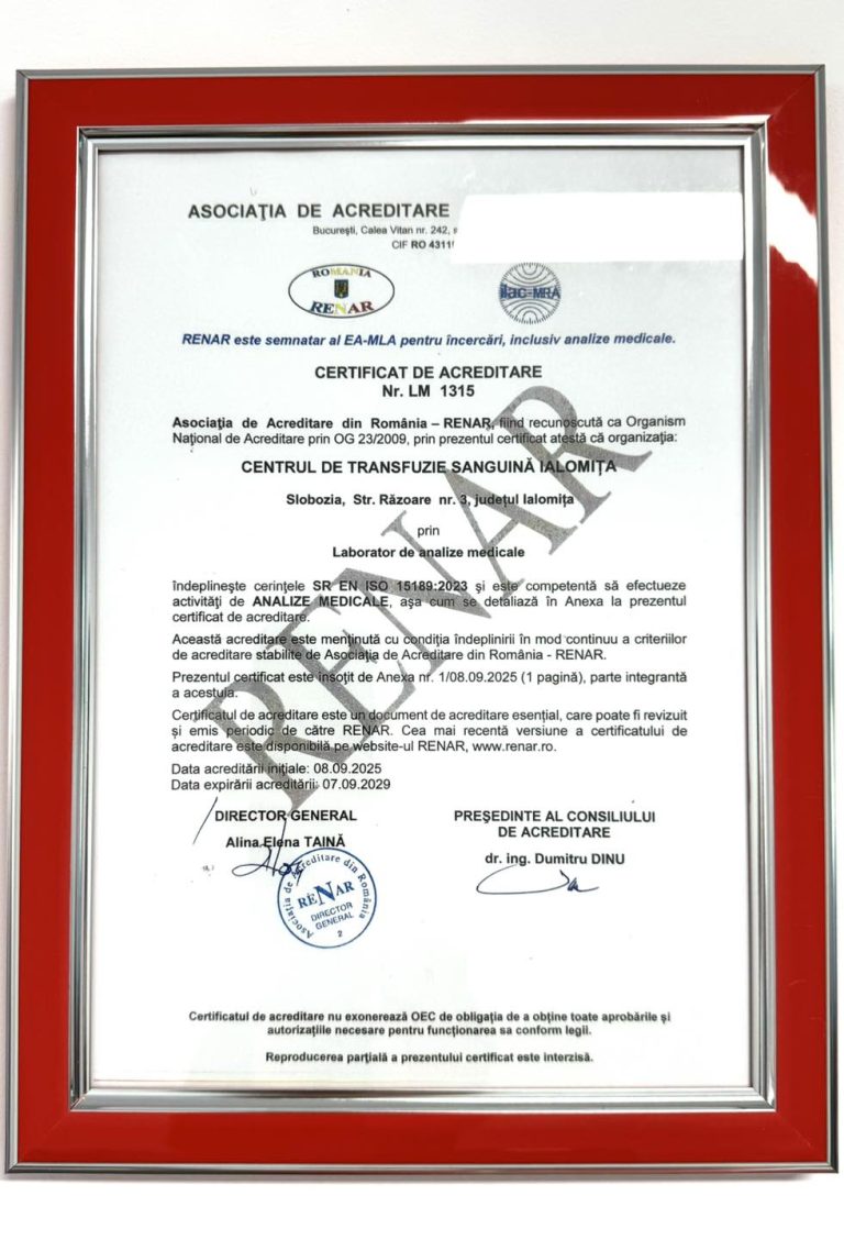 Centrul de Transfuzie Sanguină din Ialomița, acreditat RENAR ca singurul laborator certificat din țară