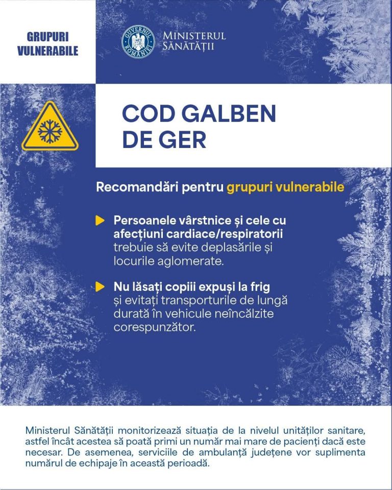 Ministerul Sănătății transmite recomandări esențiale pentru protejarea sănătății în perioadele de ger